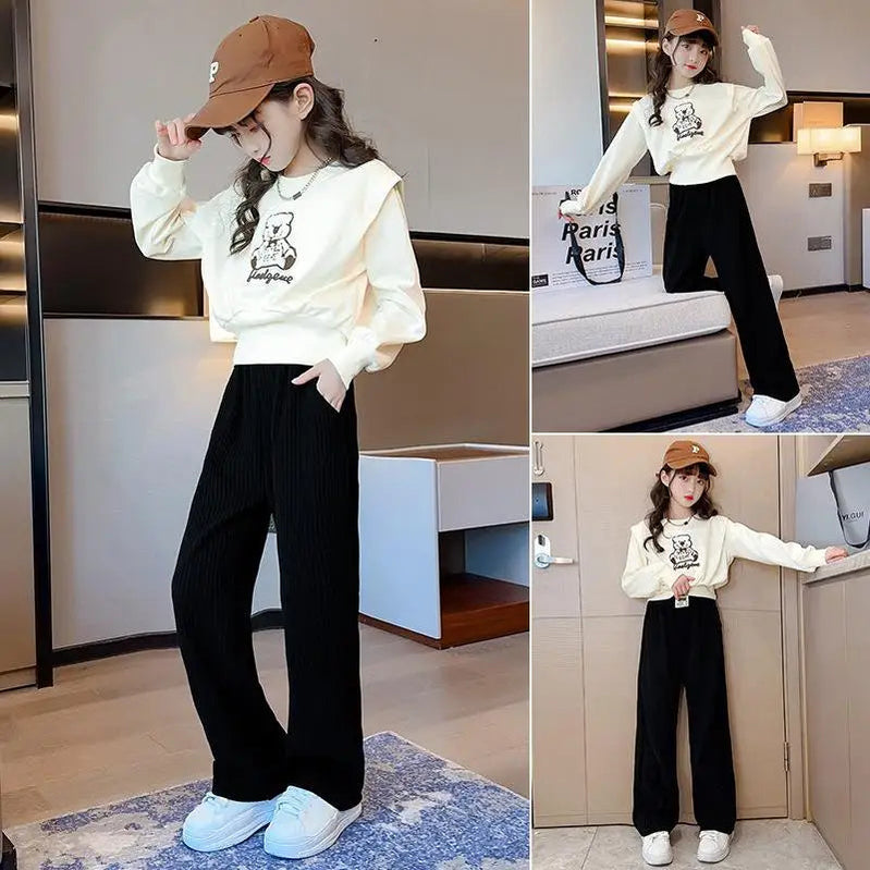 2024 Kids Clothes Girl Spring Autumn Korea Style Set Clothing Long Sleeve Cartoon Letter Sweatshirt Pant Outfits 4-15 Years Old