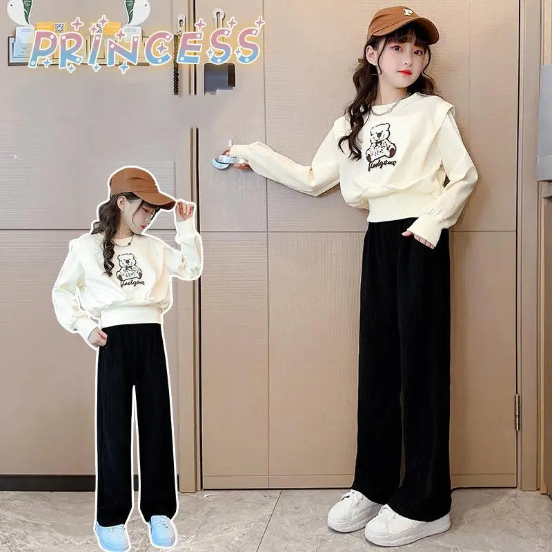 2024 Kids Clothes Girl Spring Autumn Korea Style Set Clothing Long Sleeve Cartoon Letter Sweatshirt Pant Outfits 4-15 Years Old