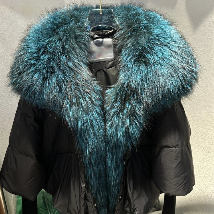 2024 Large Real Silver Fox Fur Collar with Knit Sleeve Winter Women Coat White Duck Down Jacket Super Fashion Outerwear Luxury black blue