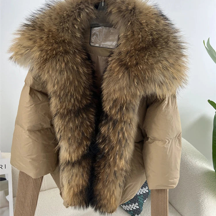 2024 Large Real Silver Fox Fur Collar with Knit Sleeve Winter Women Coat White Duck Down Jacket Super Fashion Outerwear Luxury camel natural