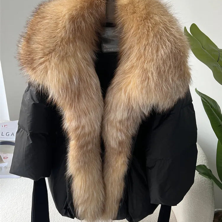 2024 Large Real Silver Fox Fur Collar with Knit Sleeve Winter Women Coat White Duck Down Jacket Super Fashion Outerwear Luxury