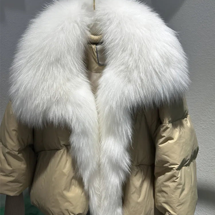2024 Large Real Silver Fox Fur Collar with Knit Sleeve Winter Women Coat White Duck Down Jacket Super Fashion Outerwear Luxury camel white