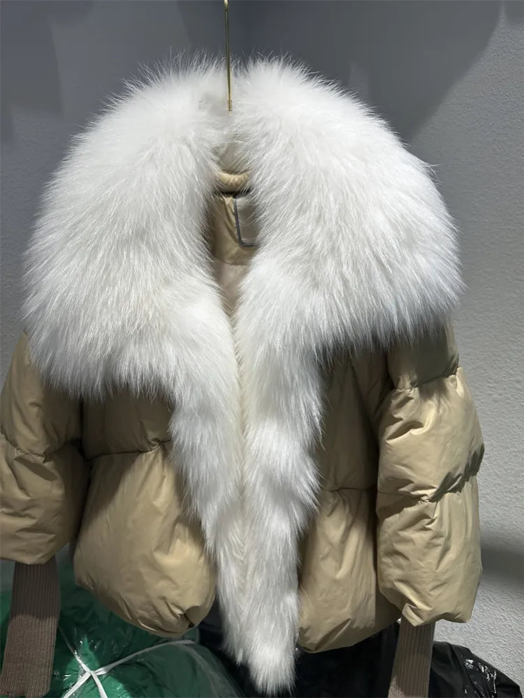 2024 Large Real Silver Fox Fur Collar with Knit Sleeve Winter Women Coat White Duck Down Jacket Super Fashion Outerwear Luxury camel white
