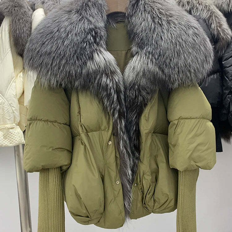 2024 Large Real Silver Fox Fur Collar with Knit Sleeve Winter Women Coat White Duck Down Jacket Super Fashion Outerwear Luxury green silver 2