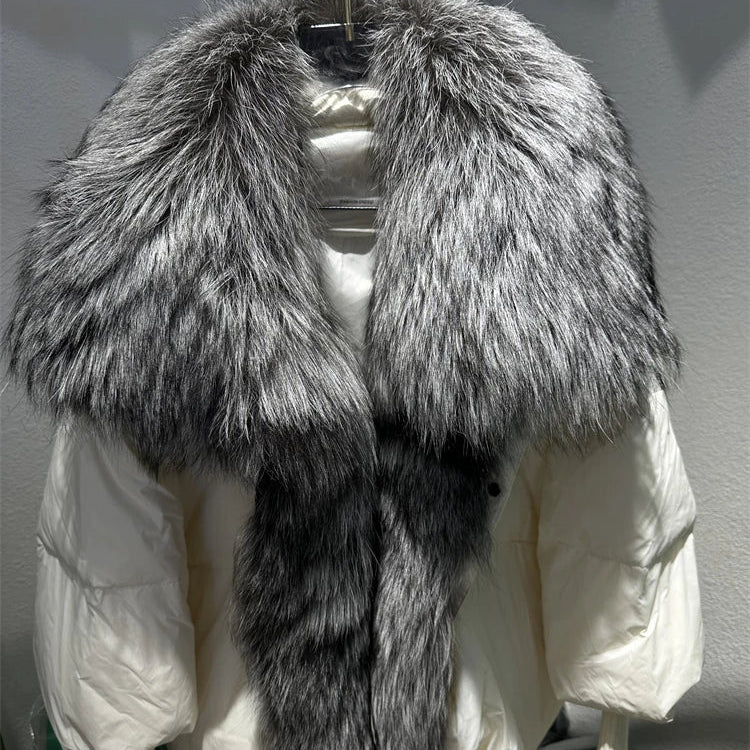 2024 Large Real Silver Fox Fur Collar with Knit Sleeve Winter Women Coat White Duck Down Jacket Super Fashion Outerwear Luxury white silver