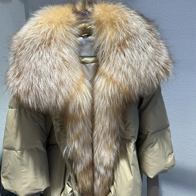 2024 Large Real Silver Fox Fur Collar with Knit Sleeve Winter Women Coat White Duck Down Jacket Super Fashion Outerwear Luxury camel gold