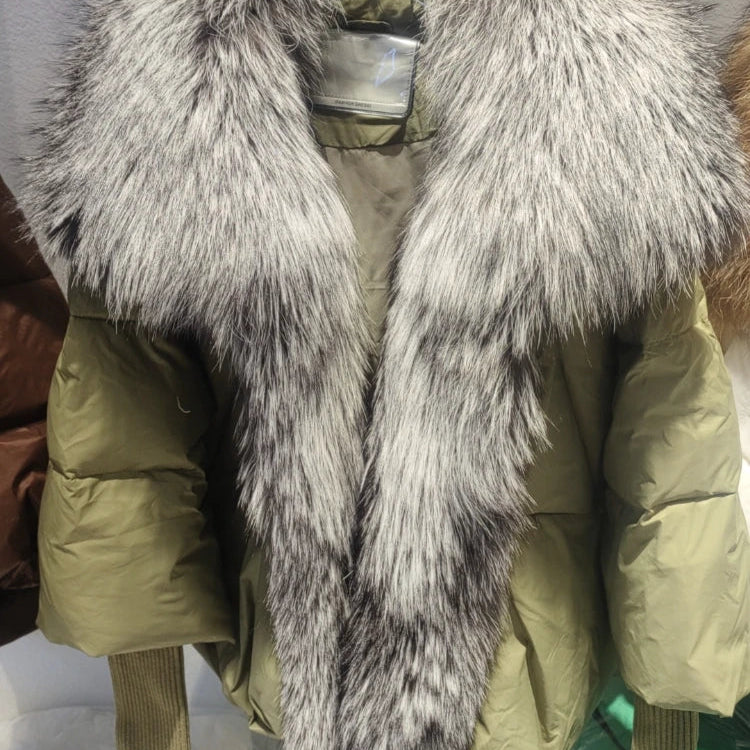 2024 Large Real Silver Fox Fur Collar with Knit Sleeve Winter Women Coat White Duck Down Jacket Super Fashion Outerwear Luxury green silver 3