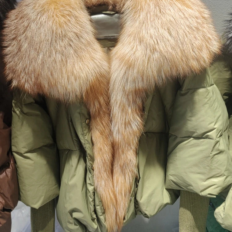 2024 Large Real Silver Fox Fur Collar with Knit Sleeve Winter Women Coat White Duck Down Jacket Super Fashion Outerwear Luxury green gold