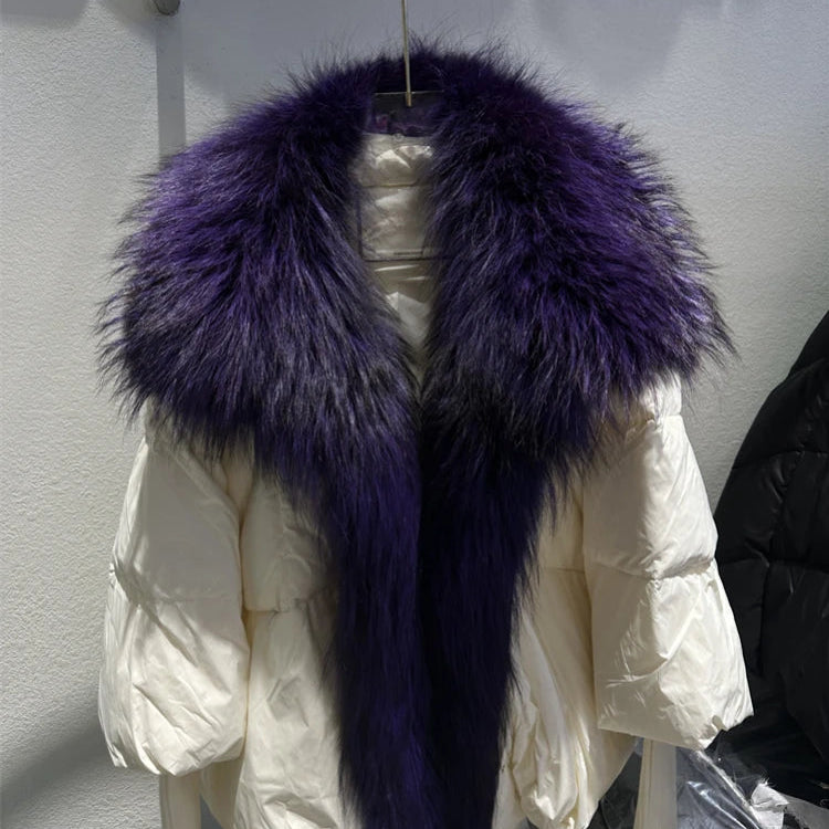 2024 Large Real Silver Fox Fur Collar with Knit Sleeve Winter Women Coat White Duck Down Jacket Super Fashion Outerwear Luxury beige purple