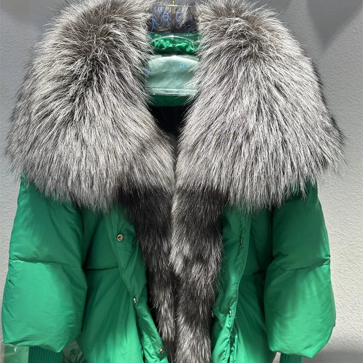 2024 Large Real Silver Fox Fur Collar with Knit Sleeve Winter Women Coat White Duck Down Jacket Super Fashion Outerwear Luxury green silver 1