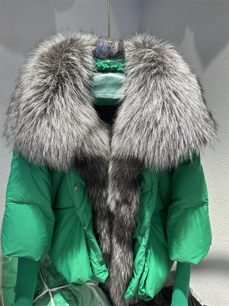 2024 Large Real Silver Fox Fur Collar with Knit Sleeve Winter Women Coat White Duck Down Jacket Super Fashion Outerwear Luxury green silver 1