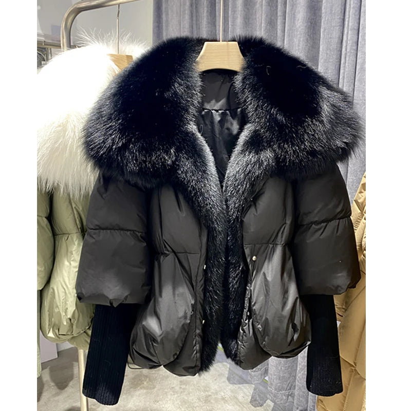 2024 Large Real Silver Fox Fur Collar with Knit Sleeve Winter Women Coat White Duck Down Jacket Super Fashion Outerwear Luxury full black