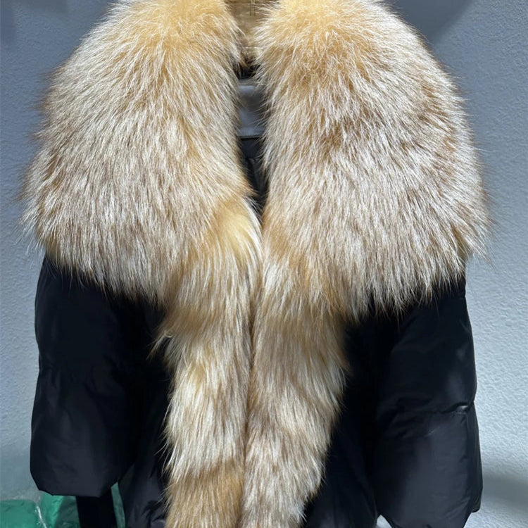 2024 Large Real Silver Fox Fur Collar with Knit Sleeve Winter Women Coat White Duck Down Jacket Super Fashion Outerwear Luxury black gold