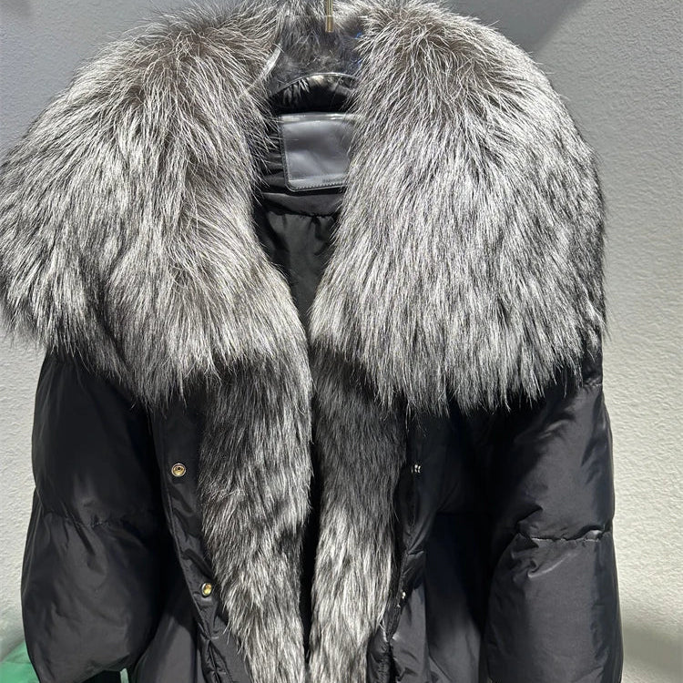 2024 Large Real Silver Fox Fur Collar with Knit Sleeve Winter Women Coat White Duck Down Jacket Super Fashion Outerwear Luxury black silver