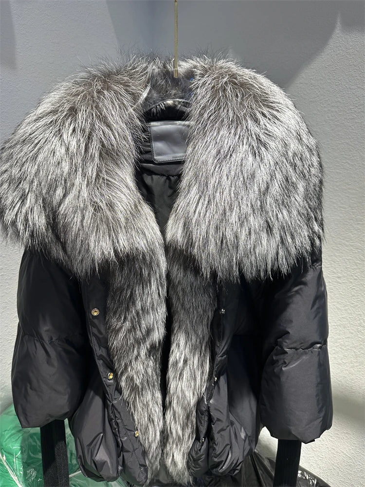 2024 Large Real Silver Fox Fur Collar with Knit Sleeve Winter Women Coat White Duck Down Jacket Super Fashion Outerwear Luxury black silver