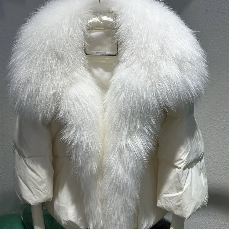 2024 Large Real Silver Fox Fur Collar with Knit Sleeve Winter Women Coat White Duck Down Jacket Super Fashion Outerwear Luxury beige white