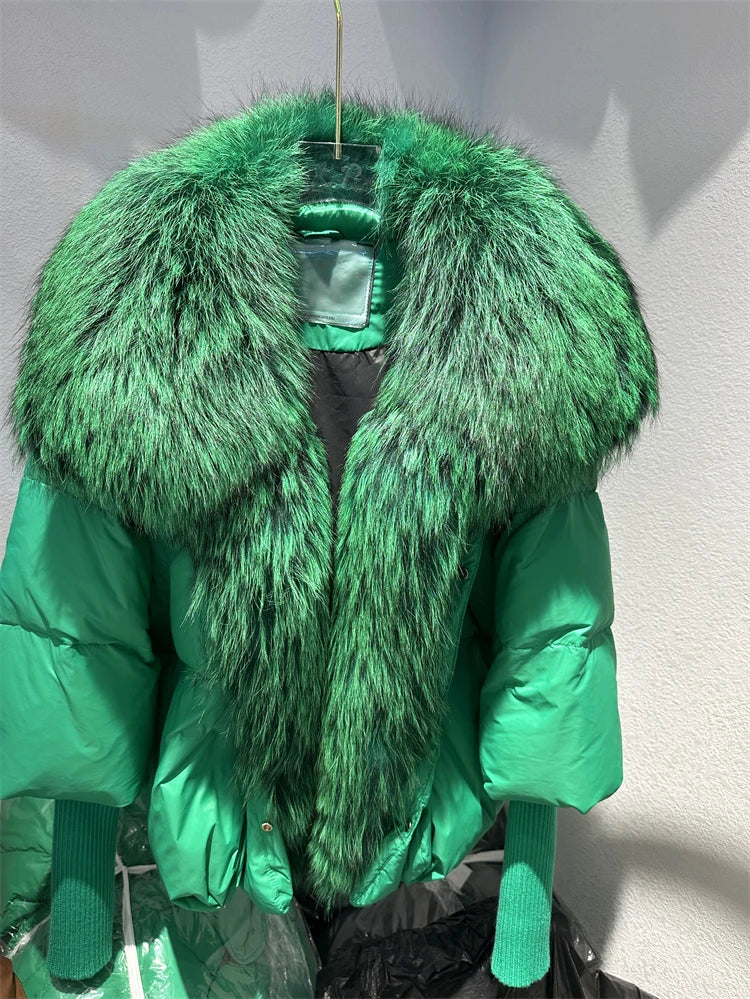 2024 Large Real Silver Fox Fur Collar with Knit Sleeve Winter Women Coat White Duck Down Jacket Super Fashion Outerwear Luxury green green