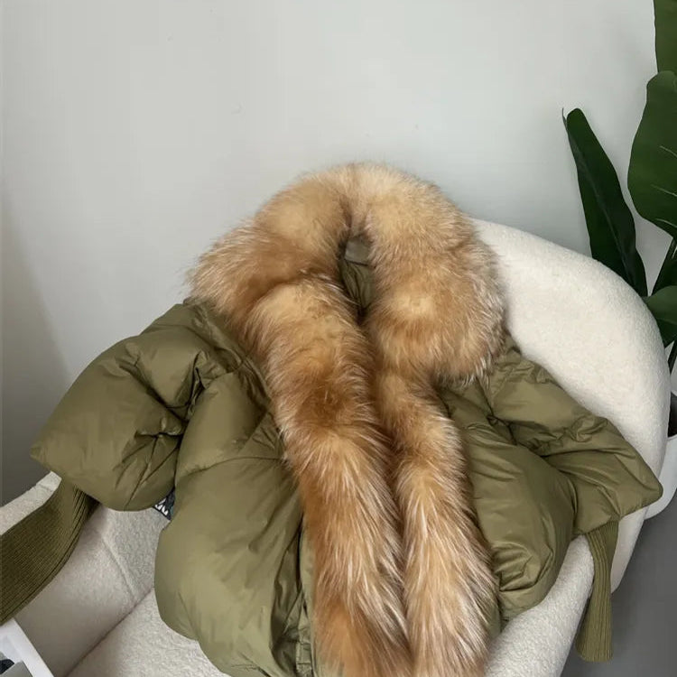 2024 Large Real Silver Fox Fur Collar with Knit Sleeve Winter Women Coat White Duck Down Jacket Super Fashion Outerwear Luxury
