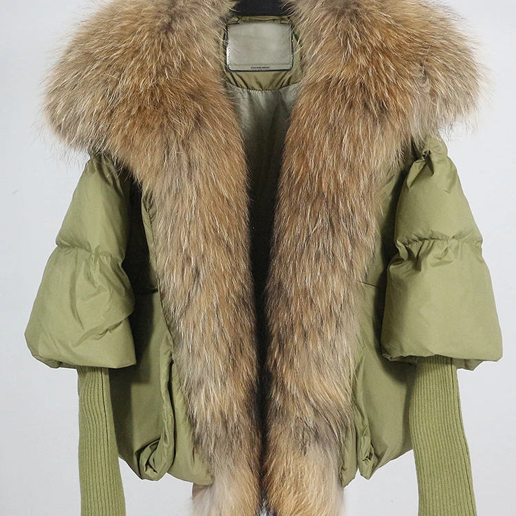 2024 Large Real Silver Fox Fur Collar with Knit Sleeve Winter Women Coat White Duck Down Jacket Super Fashion Outerwear Luxury green natural