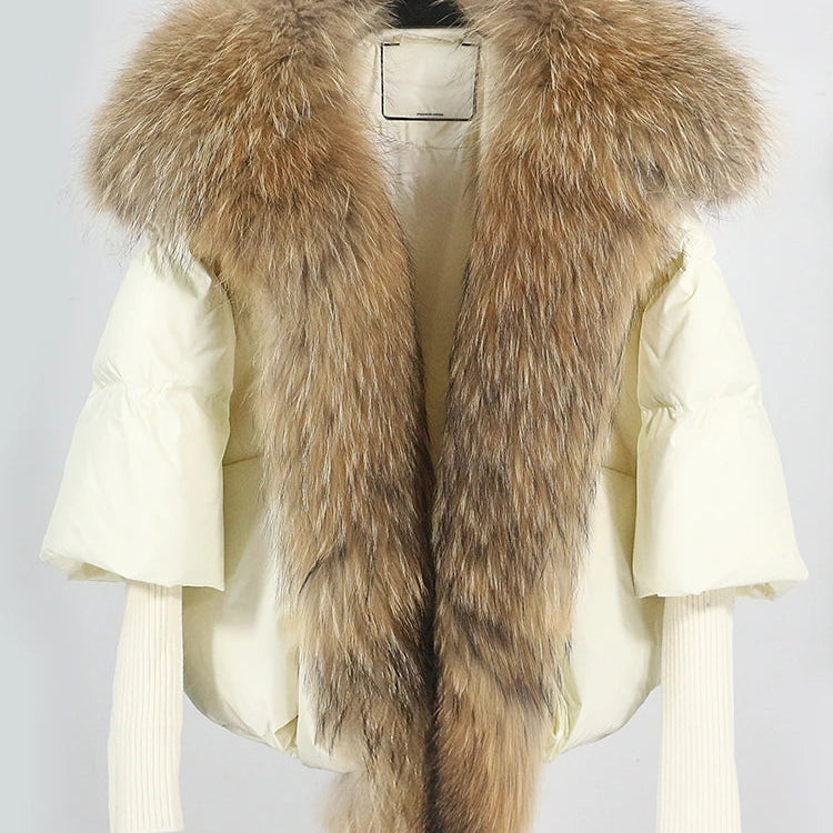 2024 Large Real Silver Fox Fur Collar with Knit Sleeve Winter Women Coat White Duck Down Jacket Super Fashion Outerwear Luxury beige natural