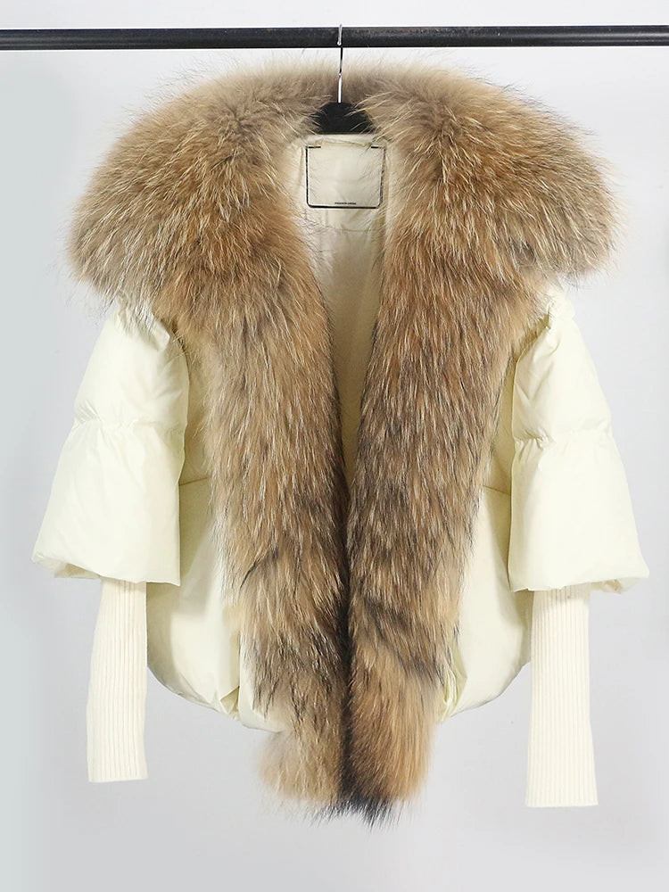2024 Large Real Silver Fox Fur Collar with Knit Sleeve Winter Women Coat White Duck Down Jacket Super Fashion Outerwear Luxury beige natural