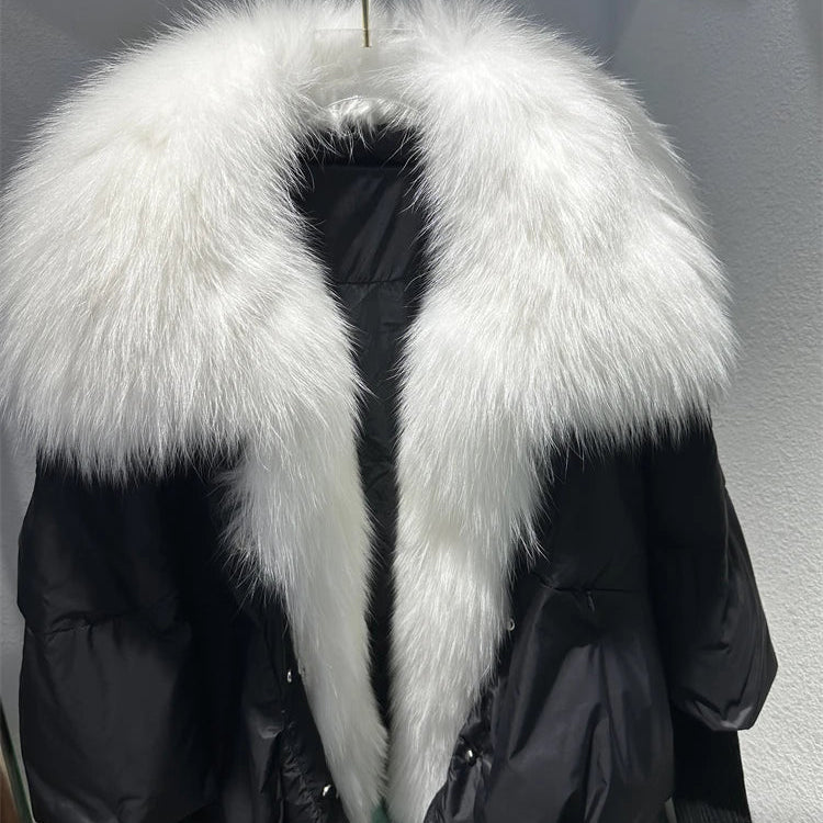 2024 Large Real Silver Fox Fur Collar with Knit Sleeve Winter Women Coat White Duck Down Jacket Super Fashion Outerwear Luxury black white