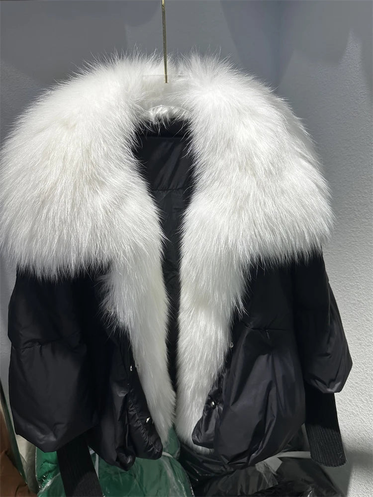 2024 Large Real Silver Fox Fur Collar with Knit Sleeve Winter Women Coat White Duck Down Jacket Super Fashion Outerwear Luxury black white