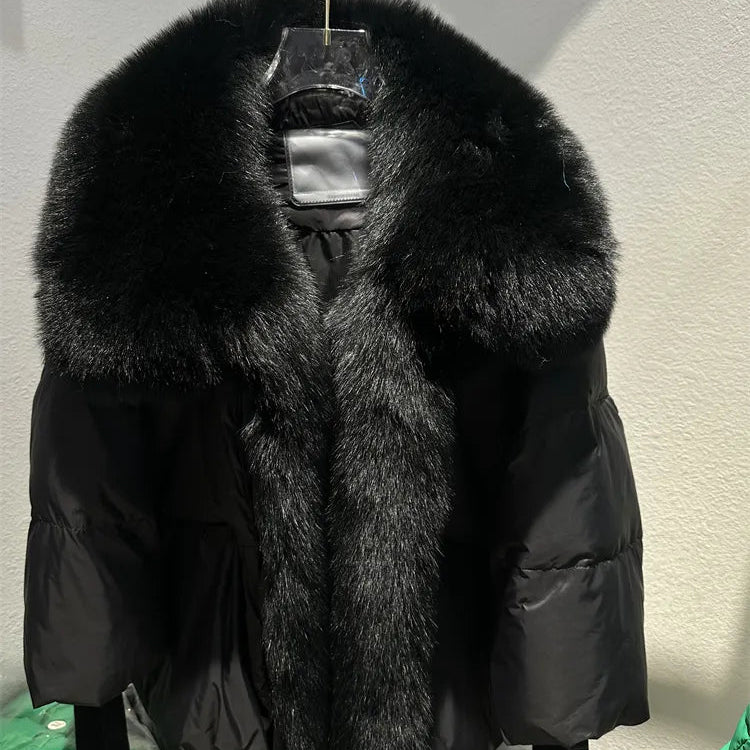 2024 Large Real Silver Fox Fur Collar with Knit Sleeve Winter Women Coat White Duck Down Jacket Super Fashion Outerwear Luxury black black