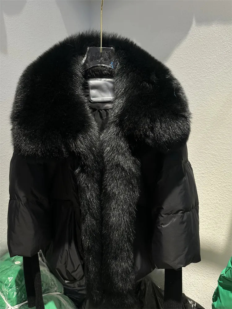 2024 Large Real Silver Fox Fur Collar with Knit Sleeve Winter Women Coat White Duck Down Jacket Super Fashion Outerwear Luxury black black