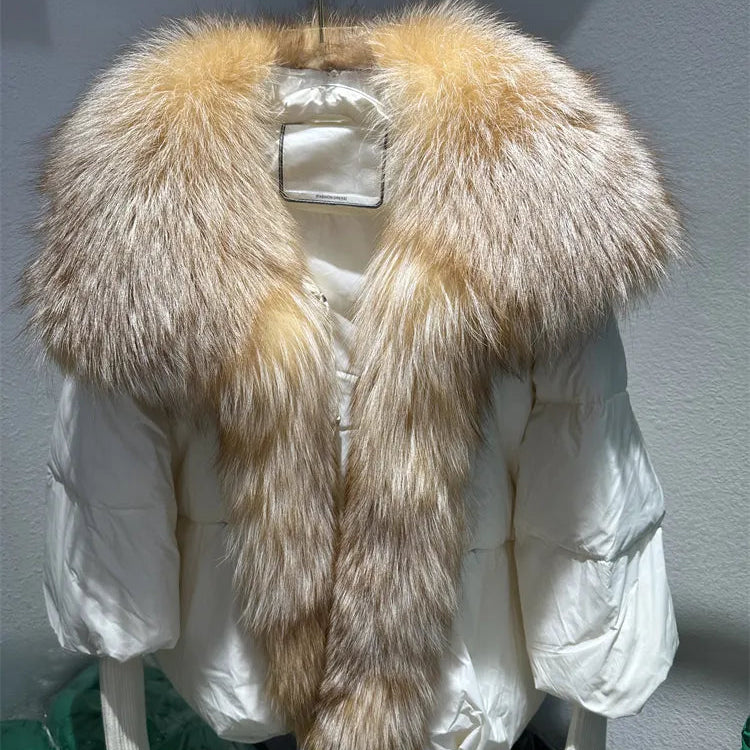 2024 Large Real Silver Fox Fur Collar with Knit Sleeve Winter Women Coat White Duck Down Jacket Super Fashion Outerwear Luxury beige gold