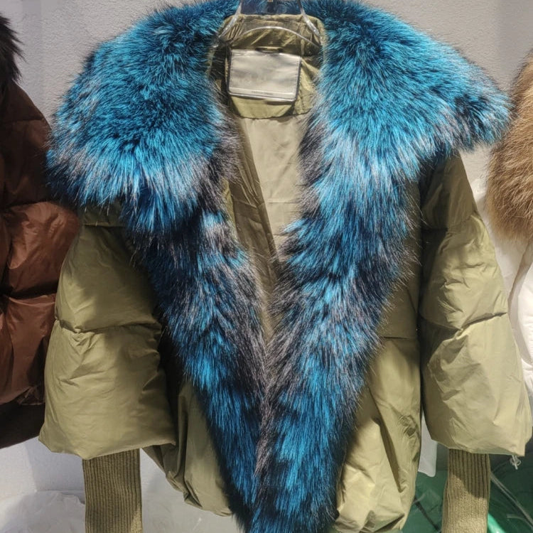 2024 Large Real Silver Fox Fur Collar with Knit Sleeve Winter Women Coat White Duck Down Jacket Super Fashion Outerwear Luxury green blue