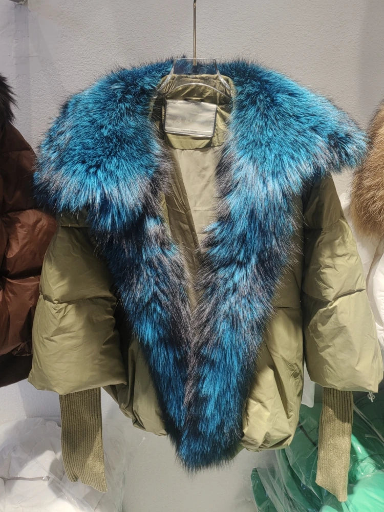 2024 Large Real Silver Fox Fur Collar with Knit Sleeve Winter Women Coat White Duck Down Jacket Super Fashion Outerwear Luxury green blue