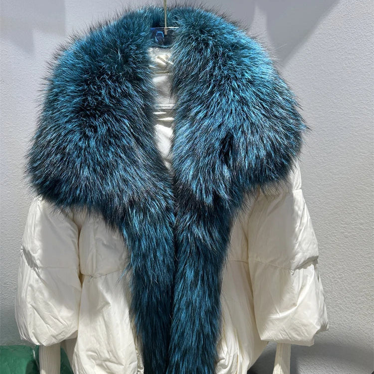 2024 Large Real Silver Fox Fur Collar with Knit Sleeve Winter Women Coat White Duck Down Jacket Super Fashion Outerwear Luxury beige blue