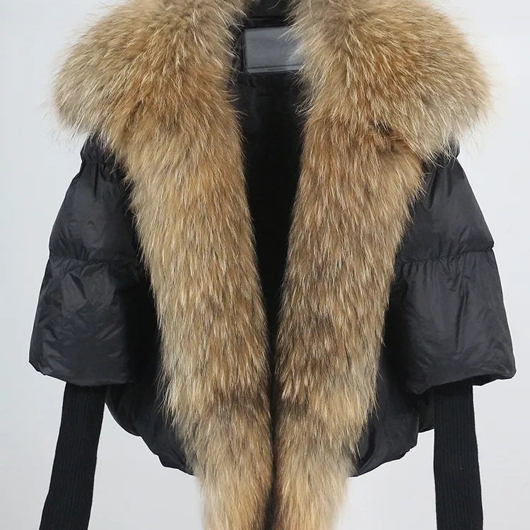 2024 Large Real Silver Fox Fur Collar with Knit Sleeve Winter Women Coat White Duck Down Jacket Super Fashion Outerwear Luxury black natural