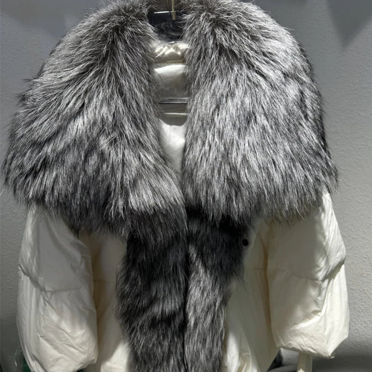 2024 Large Real Silver Fox Fur Collar with Knit Sleeve Winter Women Coat White Duck Down Jacket Super Fashion Outerwear Luxury