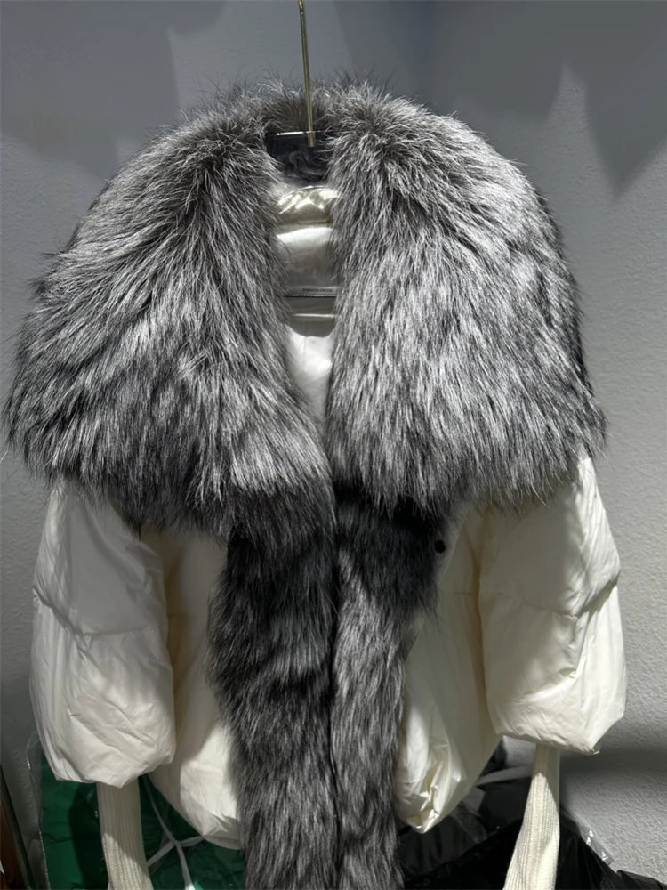 2024 Large Real Silver Fox Fur Collar with Knit Sleeve Winter Women Coat White Duck Down Jacket Super Fashion Outerwear Luxury