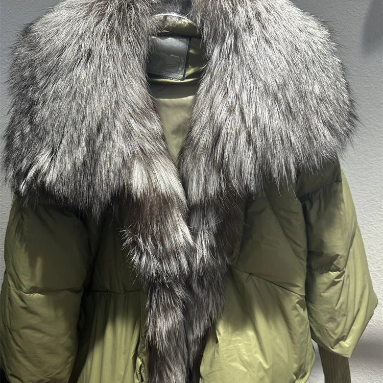 2024 Large Real Silver Fox Fur Collar with Knit Sleeve Winter Women Coat White Duck Down Jacket Super Fashion Outerwear Luxury green silver