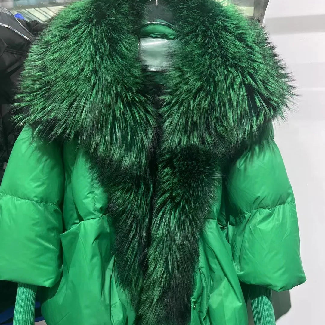 2024 Large Real Silver Fox Fur Collar with Knit Sleeve Winter Women Coat White Duck Down Jacket Super Fashion Outerwear Luxury full green