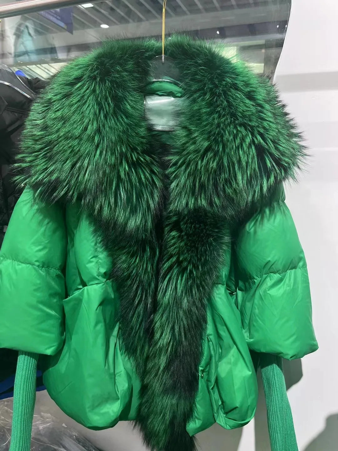 2024 Large Real Silver Fox Fur Collar with Knit Sleeve Winter Women Coat White Duck Down Jacket Super Fashion Outerwear Luxury full green