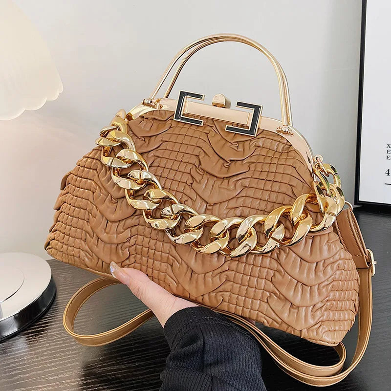 2024 Luxury Women Pink Green Pleat Shoulder Bags Gold Thick Chain Messenger Bags Totes PU Leather Handbags Lady Evening Clutch Khaki (18cm-30cm-11cm)
