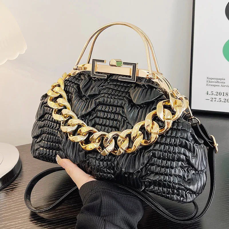 2024 Luxury Women Pink Green Pleat Shoulder Bags Gold Thick Chain Messenger Bags Totes PU Leather Handbags Lady Evening Clutch black (18cm-30cm-11cm)