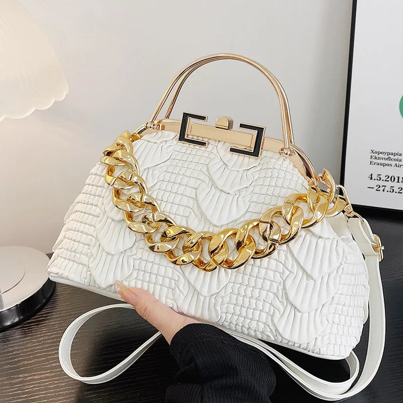 2024 Luxury Women Pink Green Pleat Shoulder Bags Gold Thick Chain Messenger Bags Totes PU Leather Handbags Lady Evening Clutch WHITE (18cm-30cm-11cm)