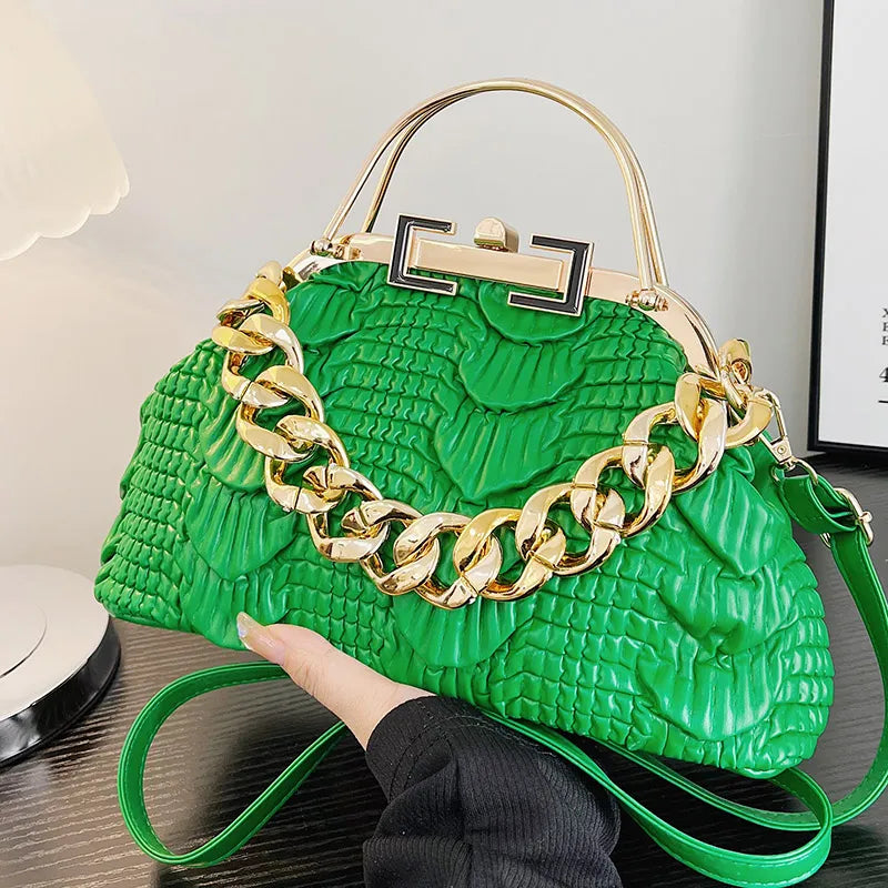 2024 Luxury Women Pink Green Pleat Shoulder Bags Gold Thick Chain Messenger Bags Totes PU Leather Handbags Lady Evening Clutch green (18cm-30cm-11cm)