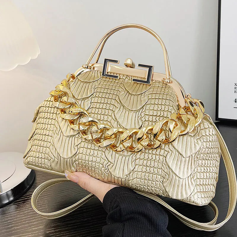 2024 Luxury Women Pink Green Pleat Shoulder Bags Gold Thick Chain Messenger Bags Totes PU Leather Handbags Lady Evening Clutch Gold (18cm-30cm-11cm)
