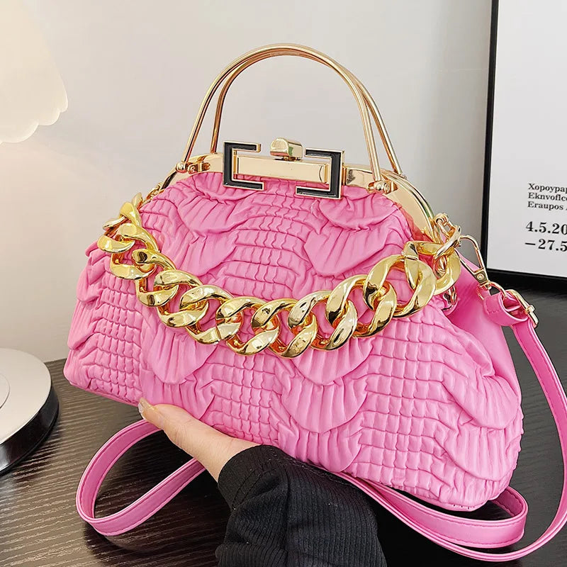2024 Luxury Women Pink Green Pleat Shoulder Bags Gold Thick Chain Messenger Bags Totes PU Leather Handbags Lady Evening Clutch Pink (18cm-30cm-11cm)