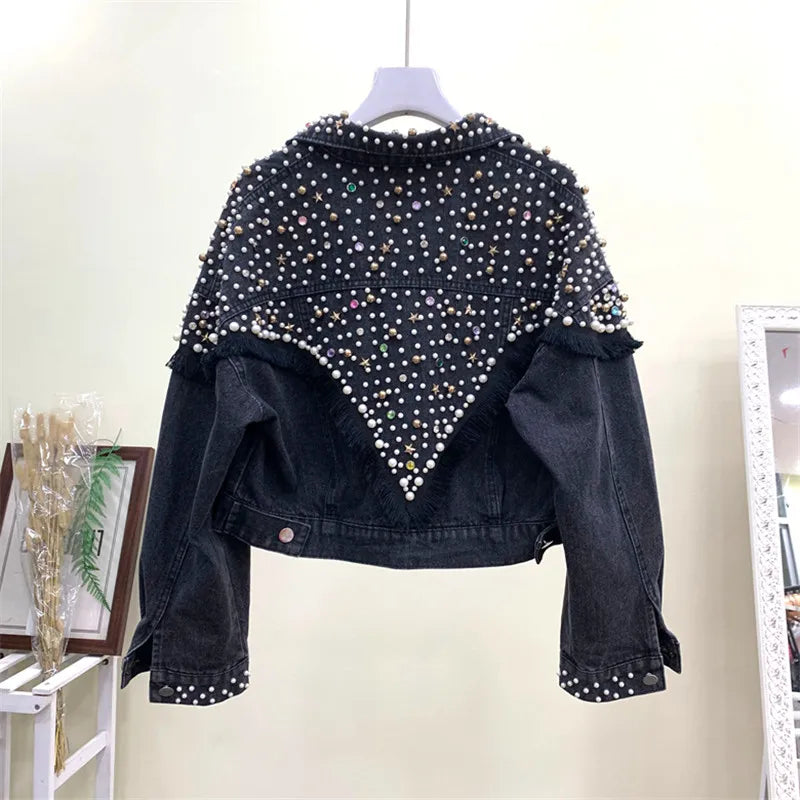 2024 New Fashion Bead Diamond Denim Jacket Women Coat Hand-studded Tassel Femme Loose Short Jeans Coats Student Streetwear P390 black