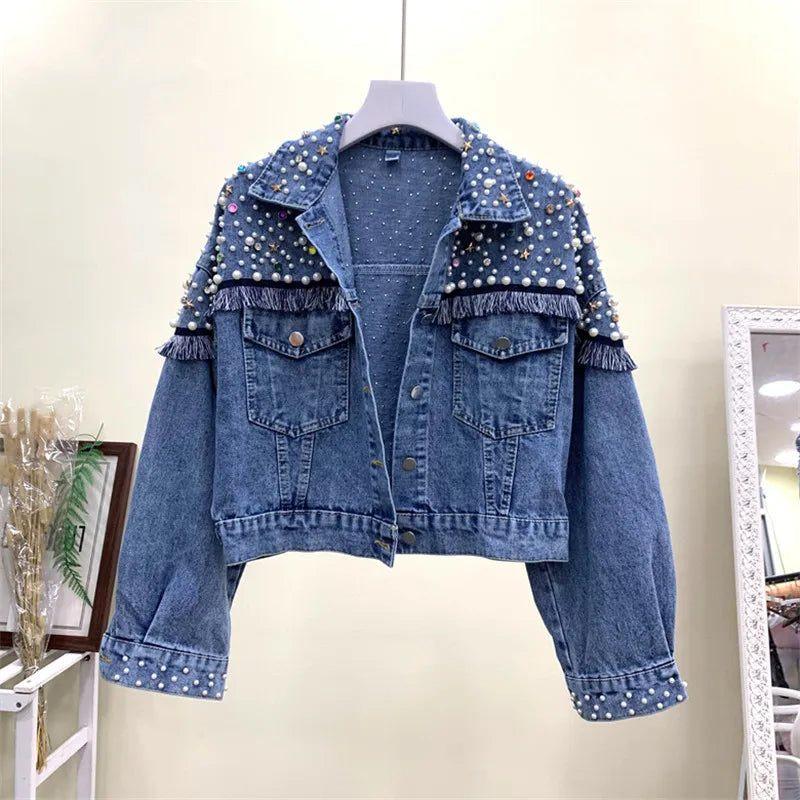 2024 New Fashion Bead Diamond Denim Jacket Women Coat Hand-studded Tassel Femme Loose Short Jeans Coats Student Streetwear P390