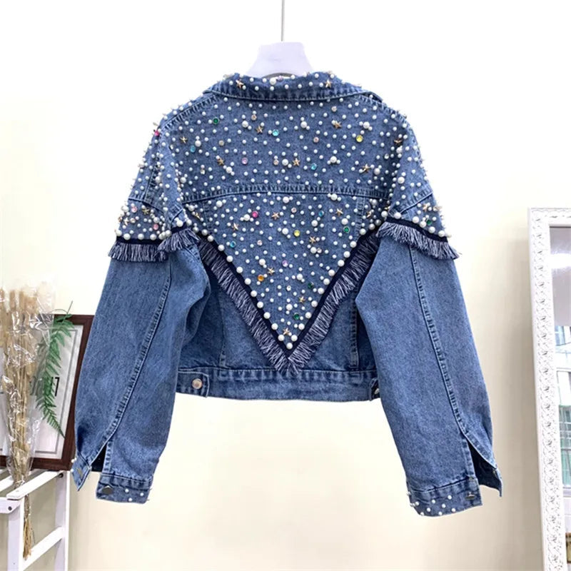 2024 New Fashion Bead Diamond Denim Jacket Women Coat Hand-studded Tassel Femme Loose Short Jeans Coats Student Streetwear P390