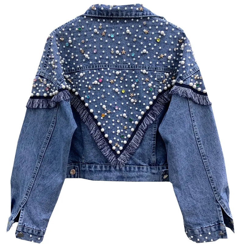 2024 New Fashion Bead Diamond Denim Jacket Women Coat Hand-studded Tassel Femme Loose Short Jeans Coats Student Streetwear P390
