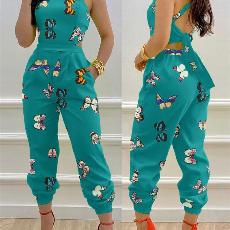 2024 New Floral Print Crisscross Tied Detail Backless Jumpsuit of One Fashion Casual Pieces for Women ODL0775J